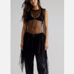 Free People Mia Mesh Maxi Top Rich Black Sheer Ruffle Embrodiery Dress